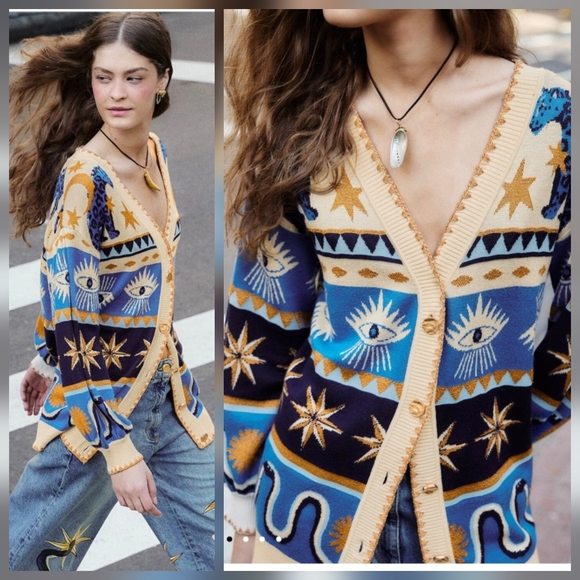 Sezane Sweaters - Farm Rio Mixed Mystical Ainika Buttoned Knit Cardigan